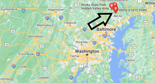 Map showing the location of Rocks State Park near Bel Air, Maryland, with nearby cities like Baltimore and Washington, D.C.