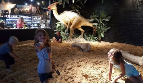 Children playing in a sandy area with a dinosaur model in the background, surrounded by plants and a display case.