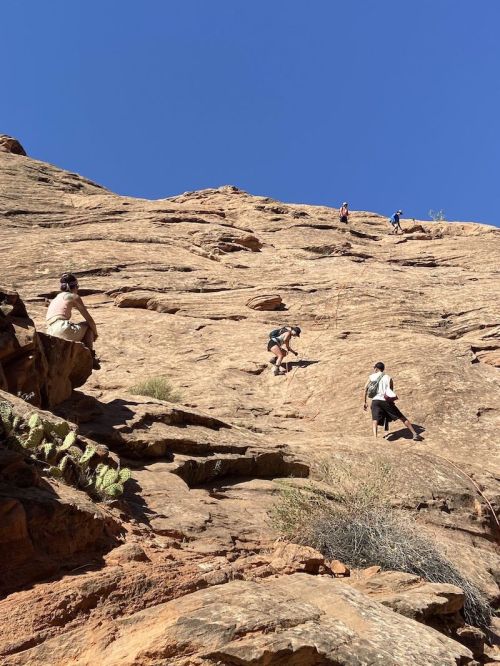 A group of climbers ascends a rocky cliff under a clear blue sky.