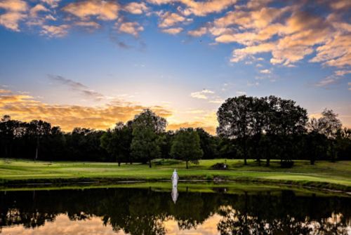 A serene landscape at sunset, featuring a pond reflecting trees and a colorful sky with scattered clouds.