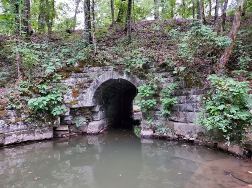 Stone archway leading into a dark tunnel, surrounded by lush greenery and reflected in calm water below.