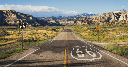 Route 66 leading towards the mountains.