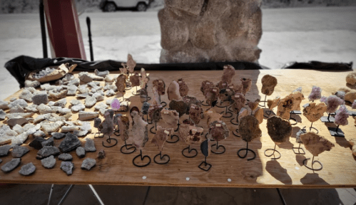 A wooden table displays various mineral specimens and crystals on stands, with a blurred background of a vehicle and rocks.