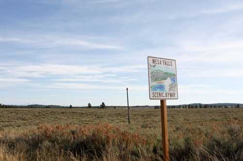 Sign for Mesa Falls Scenic Byway in a wide, open landscape with sparse vegetation and a clear blue sky.