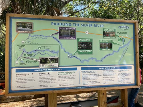 Map and information board for paddling the Silver River, highlighting trails, rules, and nearby attractions.