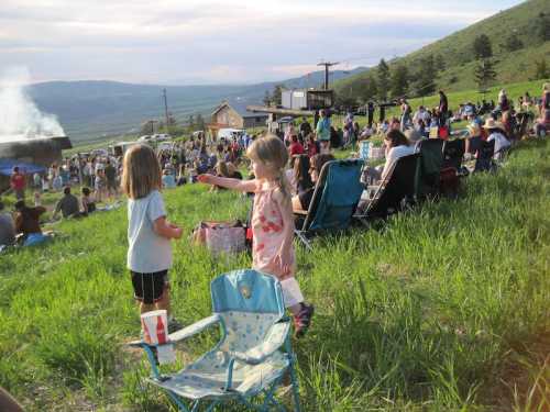 Two children play in a grassy field while a crowd enjoys an outdoor event in the background.