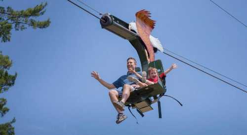 A man and a child joyfully ride a zip line, with a scenic blue sky and trees in the background.