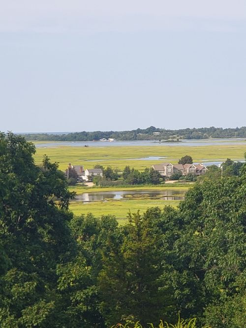 A scenic view of a green landscape with a pond, houses, and distant water under a clear sky.