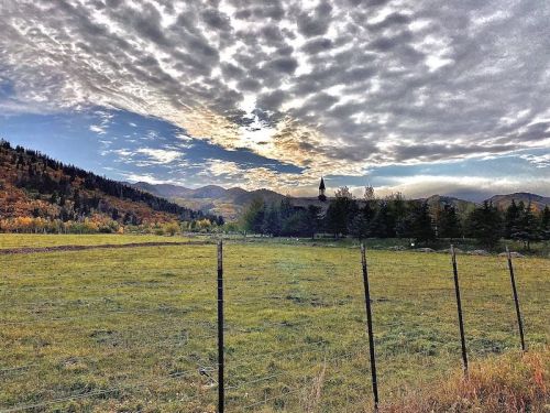 A scenic landscape featuring rolling hills, a cloudy sky, and a fence in a grassy field with autumn foliage.