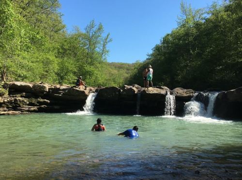 People enjoying a sunny day by a clear blue swimming hole with small waterfalls and lush green trees surrounding them.