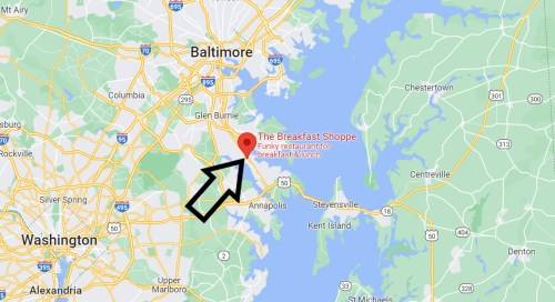 Map showing Baltimore, Maryland, with a marker for "The Breakfast Shoppe," a restaurant for breakfast and lunch.
