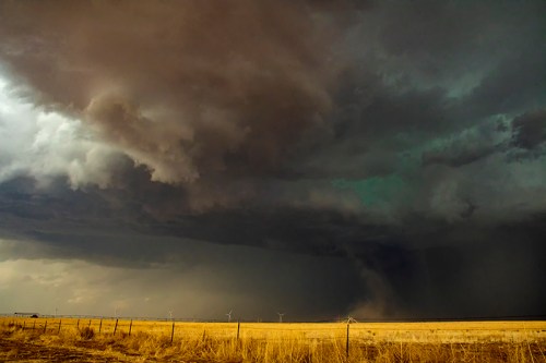 Dark storm clouds loom over a dry, golden landscape, with a hint of a tornado forming in the distance.