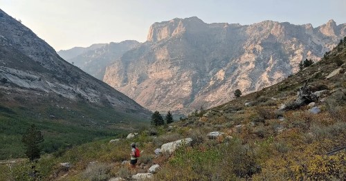 A runner traverses a rocky trail in a mountainous landscape, surrounded by towering peaks and lush greenery.