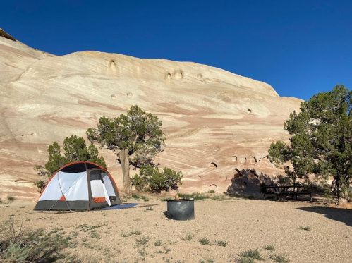 A tent set up near a rocky, colorful cliff with sparse vegetation and a fire pit in a desert landscape.
