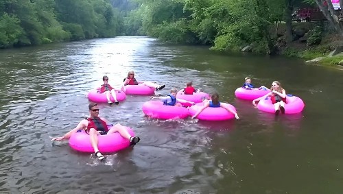 A group of people floating on pink inner tubes in a river, surrounded by lush greenery.
