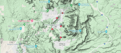 Map showing the Oak Creek area with marked locations, including parks and scenic viewpoints.