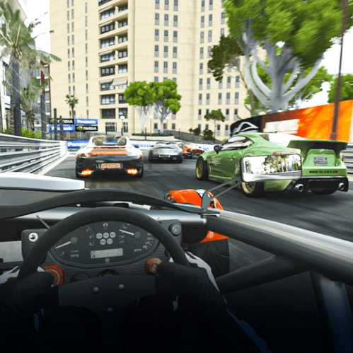 A racing scene from a driver's perspective, featuring multiple cars on a city street circuit with tall buildings in the background.