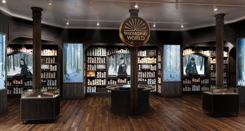 A magical shop interior with wooden floors, shelves filled with colorful potion bottles, and themed displays.