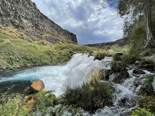 A rushing waterfall flows over rocks, surrounded by lush greenery and rocky cliffs under a cloudy sky.