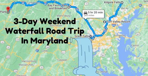 Map showing a 3-day waterfall road trip route in Maryland, highlighting key locations and travel time.