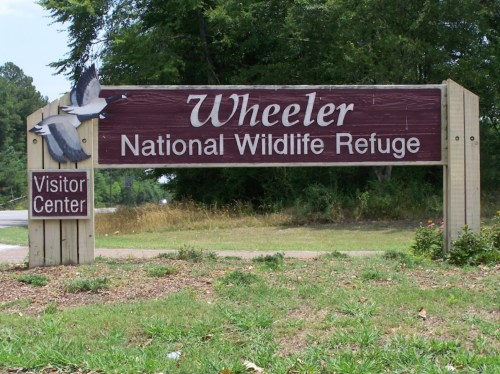 Sign for Wheeler National Wildlife Refuge with a visitor center indication, surrounded by greenery.