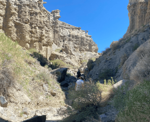 Two hikers navigate a rocky canyon surrounded by tall cliffs and sparse vegetation under a clear blue sky.