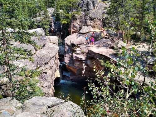 A group of people on rocky cliffs near a river, with one person jumping into the water below. Lush greenery surrounds the scene.