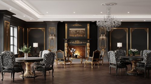 Luxurious dining room with dark walls, ornate gold accents, a fireplace, and elegant furniture, featuring a chandelier.