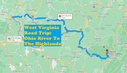 Map showing a West Virginia road trip route from the Ohio River to the Highlands, with travel times and distances noted.