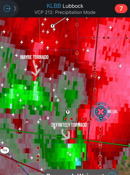 Radar image showing potential tornado activity with indicators labeled "Maybe Tornado" and "Definitely Tornado."