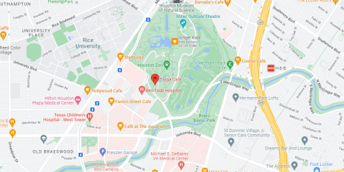 Map showing the area around Rice University, including nearby cafes and Ben Taub Hospital in Houston, Texas.