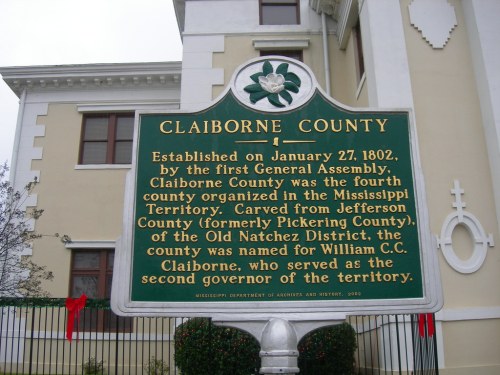 Historical marker for Claiborne County, established in 1802, detailing its origins and naming after William C.C. Claiborne.
