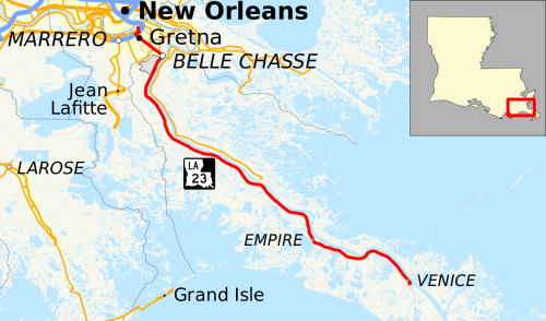 Map showing the route from New Orleans to Venice, Louisiana, highlighting LA-23 and nearby areas.