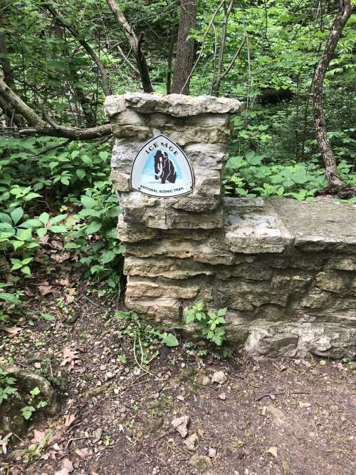 Stone marker for Ice Age National Scenic Trail, surrounded by lush greenery in a wooded area.