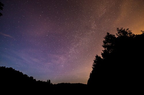 A starry night sky with a gradient from dark blue to orange, silhouetted trees along the horizon.