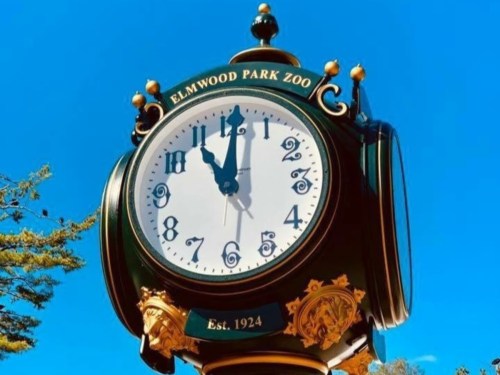 A large, ornate clock at Elmwood Park Zoo, displaying the time and established year, against a clear blue sky.