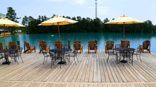 A wooden deck by a tranquil lake, featuring tables and chairs under yellow umbrellas. Lush trees in the background.