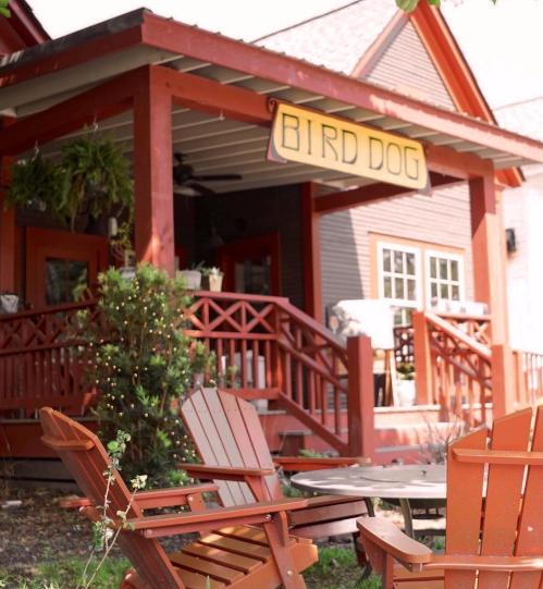 A cozy restaurant named "Bird Dog" with a welcoming porch and outdoor seating surrounded by greenery.