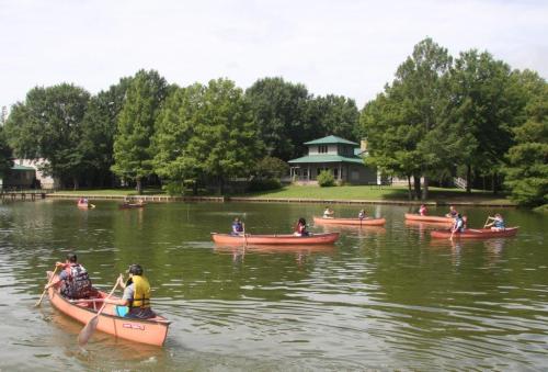 Several canoes paddle across a calm lake surrounded by trees and a house in the background.