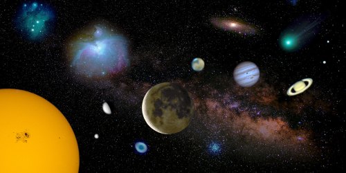 A cosmic scene featuring planets, galaxies, and the sun against a starry background.