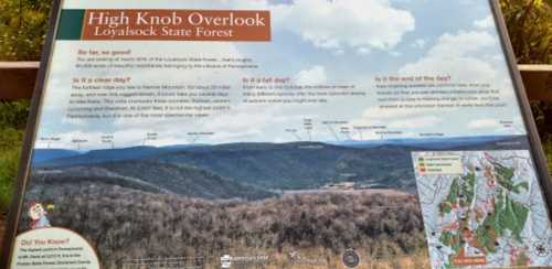 Sign at High Knob Overlook in Loyalsock State Forest, detailing views and information about the area.