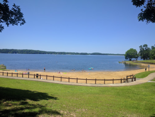 A sandy beach by a calm lake, with people enjoying the water and trees lining the shore under a clear blue sky.