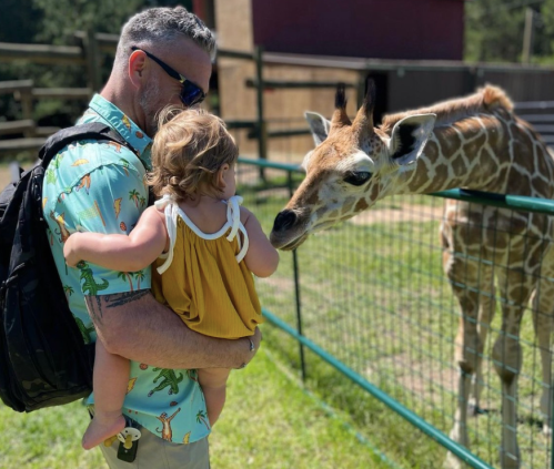 A man holds a toddler as they interact with a giraffe at a zoo, surrounded by green grass and a fence.