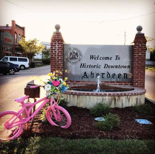 A pink bicycle with flowers stands beside a welcome sign for Historic Downtown Aberdeen, with buildings in the background.