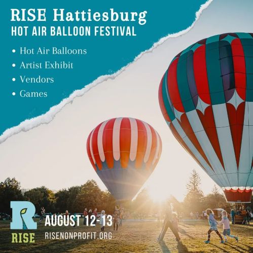 Colorful hot air balloons at the RISE Hattiesburg Festival, featuring artists, vendors, and games on August 12-13.