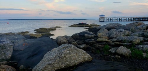 A serene coastal scene with rocky shorelines, calm water, and a distant pier under a pastel sky.