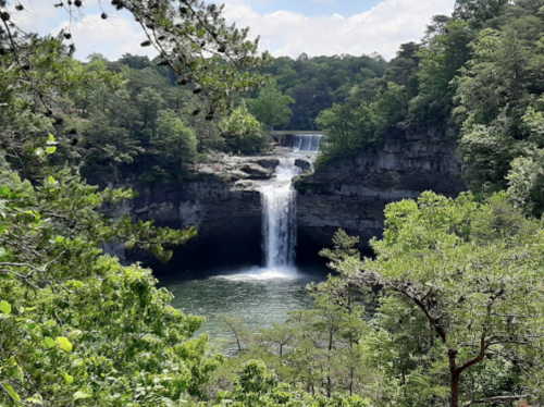A scenic view of a waterfall cascading into a lush green forested area, surrounded by trees and rocky cliffs.