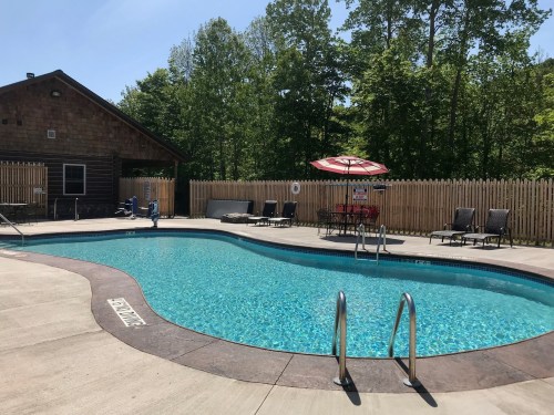A clear blue swimming pool surrounded by lounge chairs and an umbrella, with a wooden building and trees in the background.