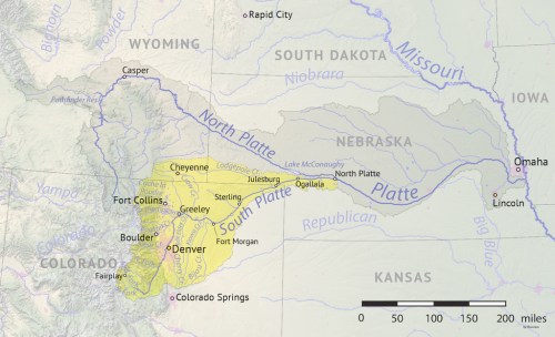 Map showing the South Platte River Basin in Colorado, highlighting major cities and rivers in the region.