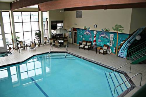 Indoor swimming pool with a mural of dolphins, seating area, and a water slide in a bright, spacious environment.